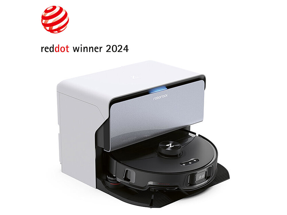 Na obrazie widoczny jest robot sprzątający z przyłączem wody, umieszczony w stacji dokującej. Nad urządzeniem znajduje się napis \'reddot winner 2024\'.