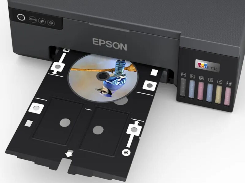 Drukarka EPSON z widocznym logo, z wysuniętą tacką na płyty CD, na której znajduje się płyta z nadrukowanym ptakiem. Obok znajduje się panel z kolorowymi wskaźnikami poziomu tuszu oznaczonymi jako BK, LC, LM, C, Y, M.