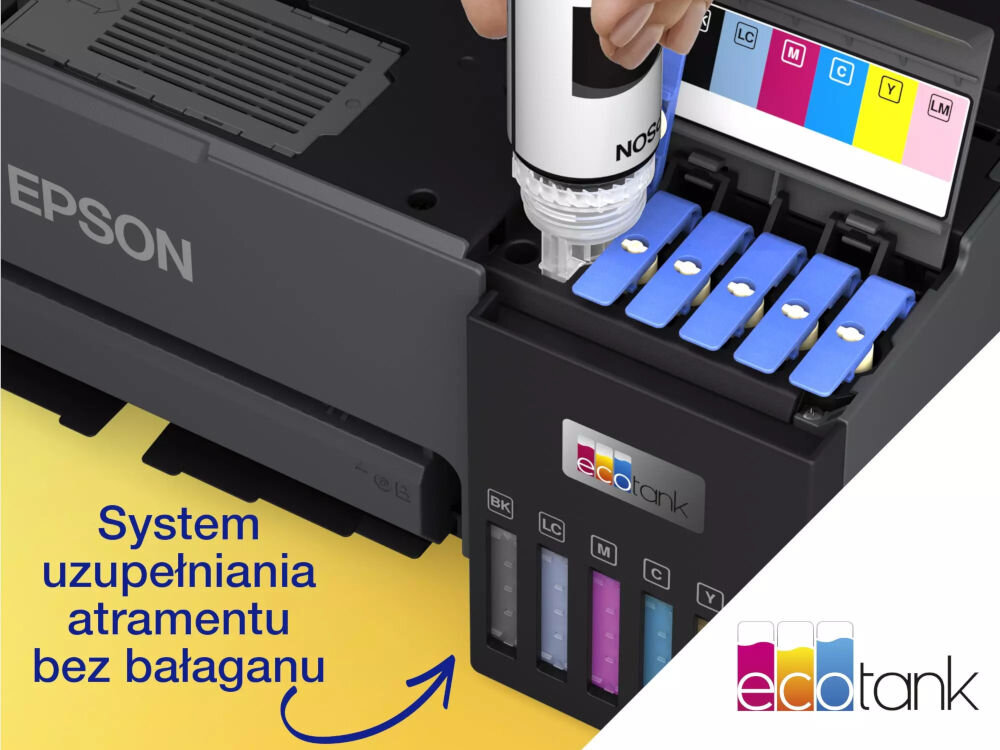 Na obrazie widoczna jest drukarka z systemem uzupełniania atramentu, gdzie ręka trzyma butelkę z atramentem nad otwartym pojemnikiem. Widoczny jest tekst: \'System uzupełniania atramentu bez bałaganu\' oraz logo \'ecotank\'.