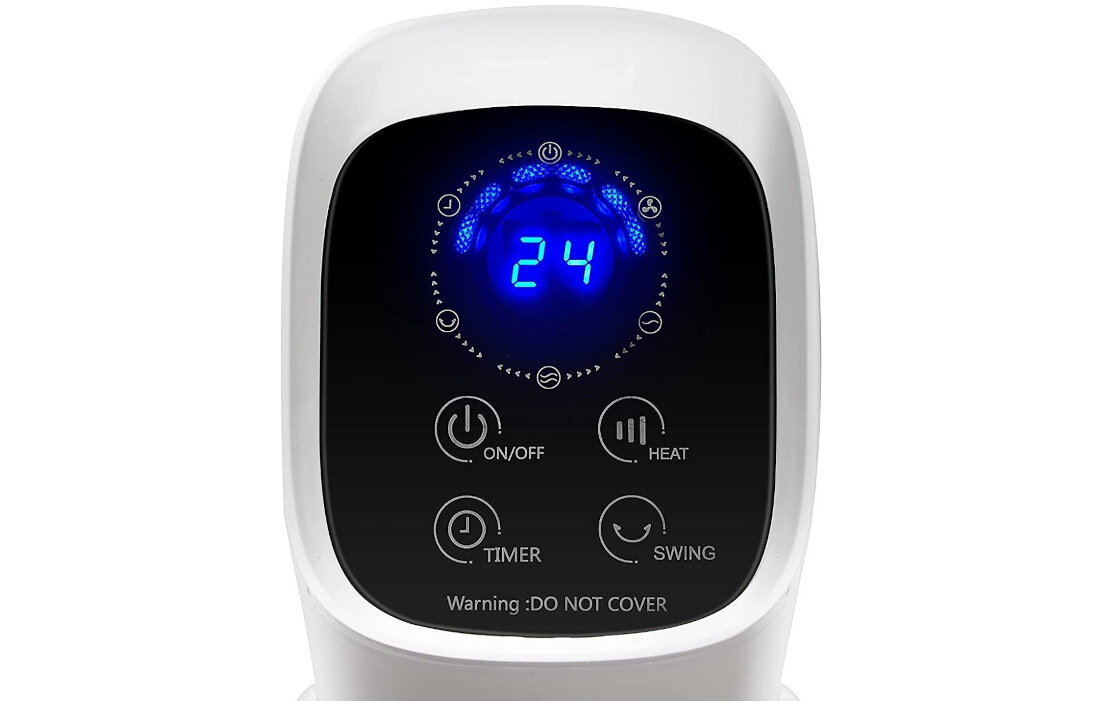 Panel sterowania grzejnika z wyświetlaczem LED pokazującym liczbę 24 oraz przyciskami: ON/OFF, HEAT, TIMER, SWING. Na dole widoczny jest napis: \'Warning: DO NOT COVER\'.