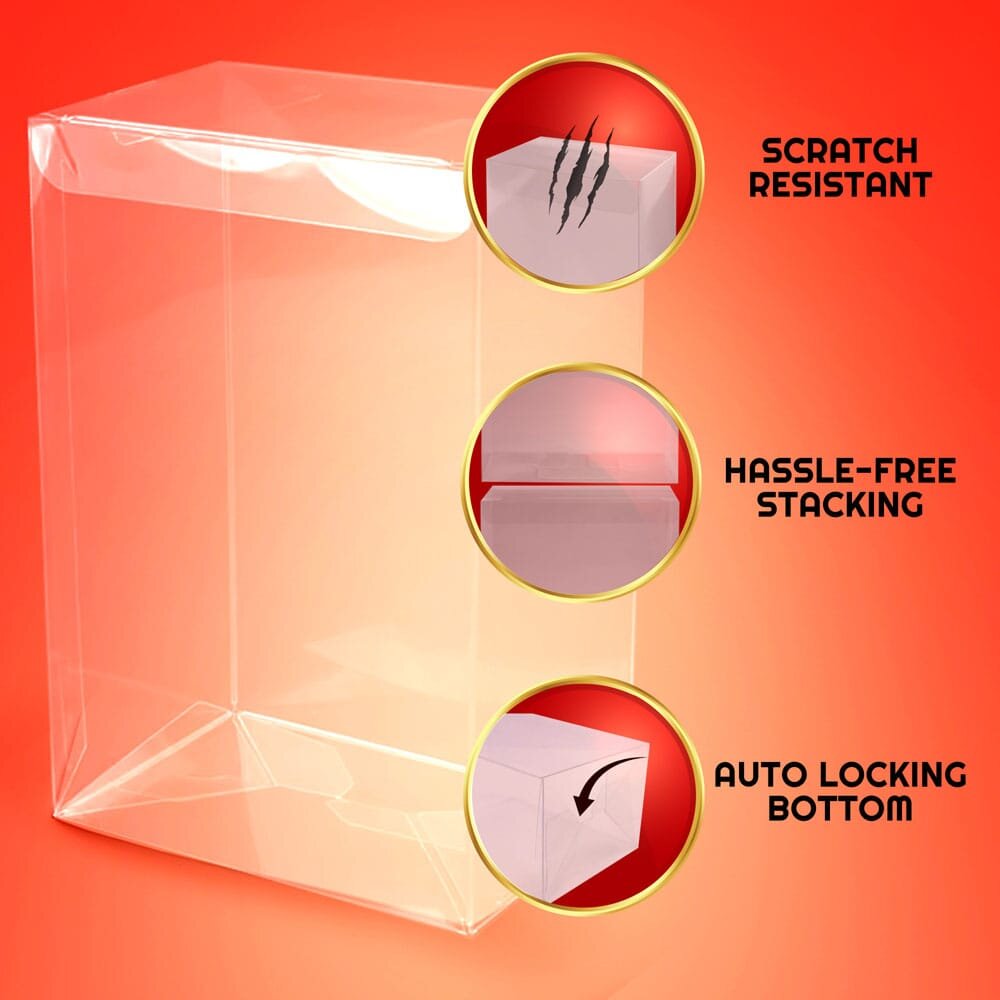 Przezroczysty pokrowiec ochronny z trzema okrągłymi ikonami opisującymi jego cechy: \'Scratch Resistant\', \'Hassle-Free Stacking\' i \'Auto Locking Bottom\'. Tło jest czerwone.