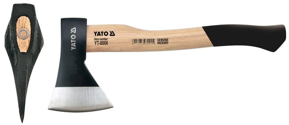 Siekiera uniwersalna YATO YATO YT-8006 1.6 kg polaczenie obucha z trzonkiem wzmocnione duzym drewnianym klinem i stalowym klinem pierscieniowym trwalosc bezpieczenstwo pracy trzonek dlugosc 810 mm dobrze wywazony latwa obsluga wysoka efektywnosc
