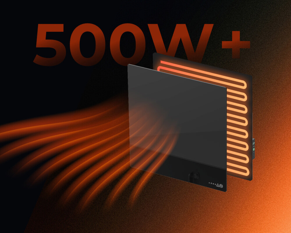 Obraz przedstawia grzejnik elektryczny z widocznymi elementami grzewczymi w kolorze pomarańczowym. Na górze widnieje napis \'500W+\'.