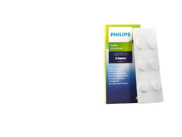Opakowanie z napisem \'PHILIPS Coffee oil remover\' oraz logo \'Saeco\'. Obok znajduje się blister z sześcioma białymi tabletkami.