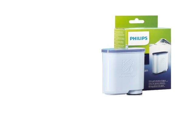 Na obrazie widoczny jest biały filtr z niebieską pokrywką oraz opakowanie z logo PHILIPS w tle. Na filtrze znajduje się napis \'PATENTED TECHNOLOGY\'.