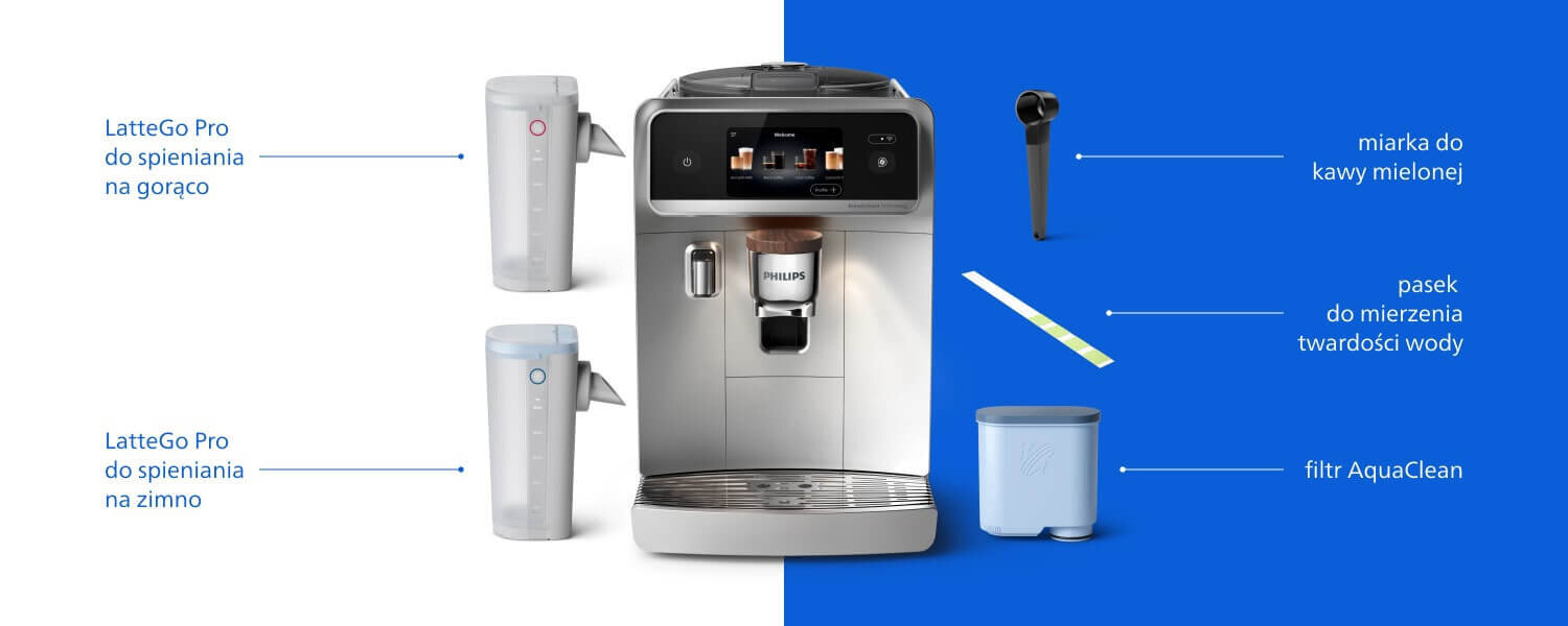 Obraz przedstawia ekspres do kawy z logo PHILIPS, z dwoma pojemnikami LatteGo Pro do spieniania mleka na gorąco i zimno. Obok znajdują się akcesoria: miarka do kawy mielonej, pasek do mierzenia twardości wody i filtr AquaClean.