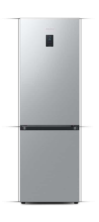 Lodówka Samsung RB34C671DSA w kolorze metalicznego grafitu - urządzenie dostępne w ofercie sieci Media Expert Lodówka w kolorze metalicznego grafitu z wyświetlaczem na górnych drzwiach. Na drzwiach widoczne jest logo \'Samsung\'.