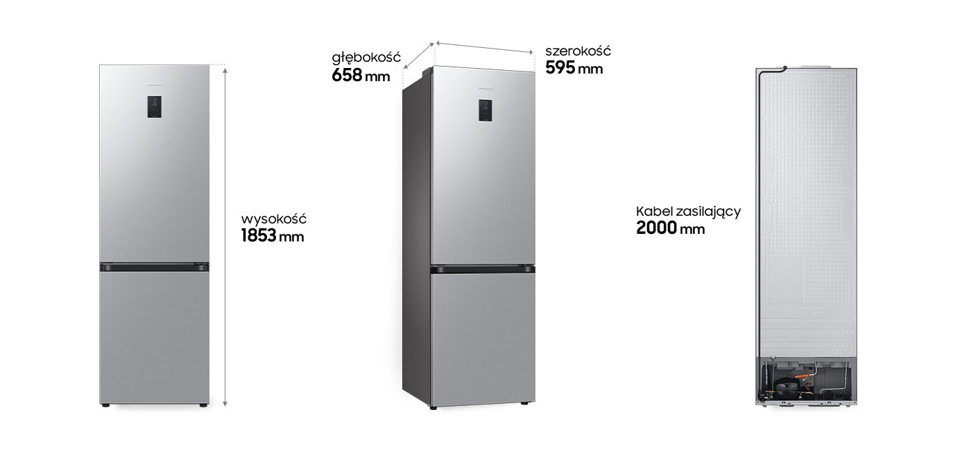 Opisanie wymiarów lodówki Samsung RB34C671DSA, która dostępna jest w ofercie sieci Media Expert Obraz przedstawia lodówkę w kolorze metalicznego grafitu z oznaczeniami wymiarów: wysokość 1853 mm, głębokość 658 mm, szerokość 595 mm oraz długość kabla zasilającego 2000 mm.