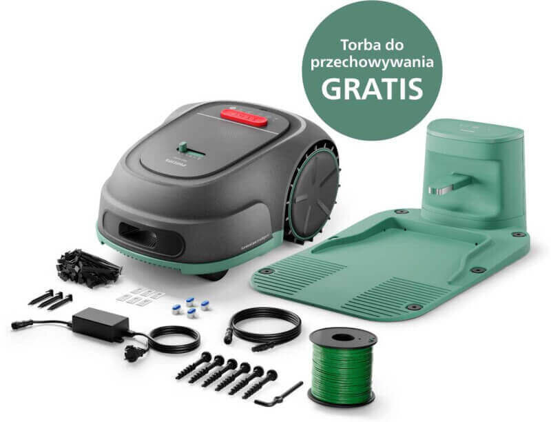 Na obrazie znajduje się robot koszący z akcesoriami, w tym stacją dokującą, przewodami i elementami montażowymi. Widoczny jest również napis \'Torba do przechowywania GRATIS\'.