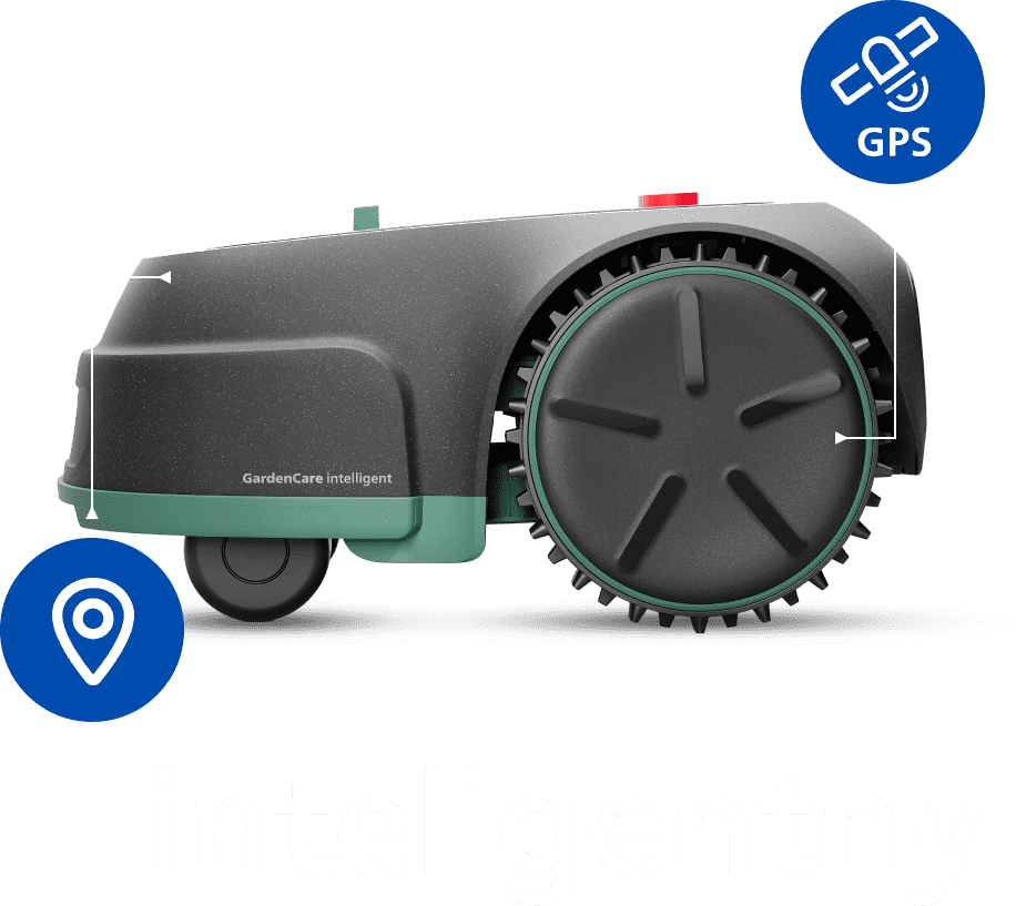 Obraz przedstawia robot koszący z dużym kołem i napisem \'GardenCare intelligent\' na obudowie. Obok robota znajdują się ikony GPS i lokalizacji oraz napis \'inteligentny\'.