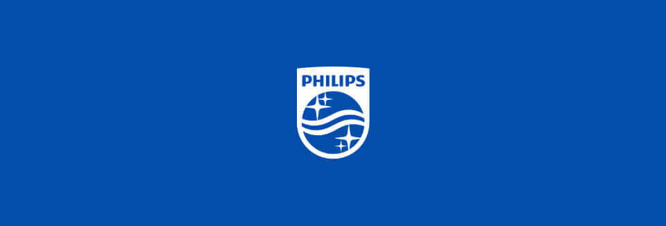Logo PHILIPS na niebieskim tle, przedstawiające białą tarczę z falami i gwiazdami.