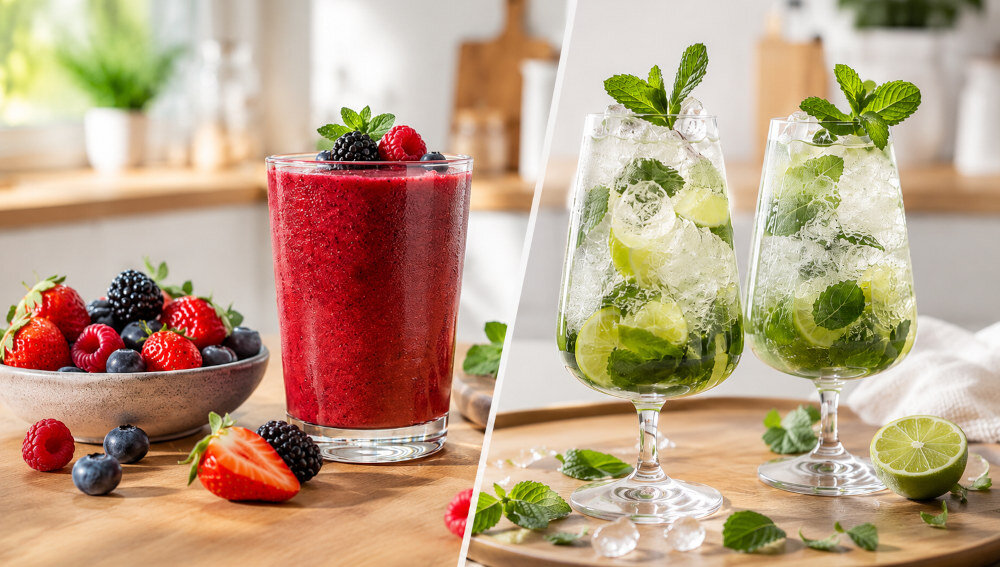 Na drewnianym blacie stoi szklanka z czerwonym smoothie ozdobionym owocami oraz miska z różnymi jagodami. Obok znajdują się dwa kieliszki z napojem z limonką, miętą i lodem.