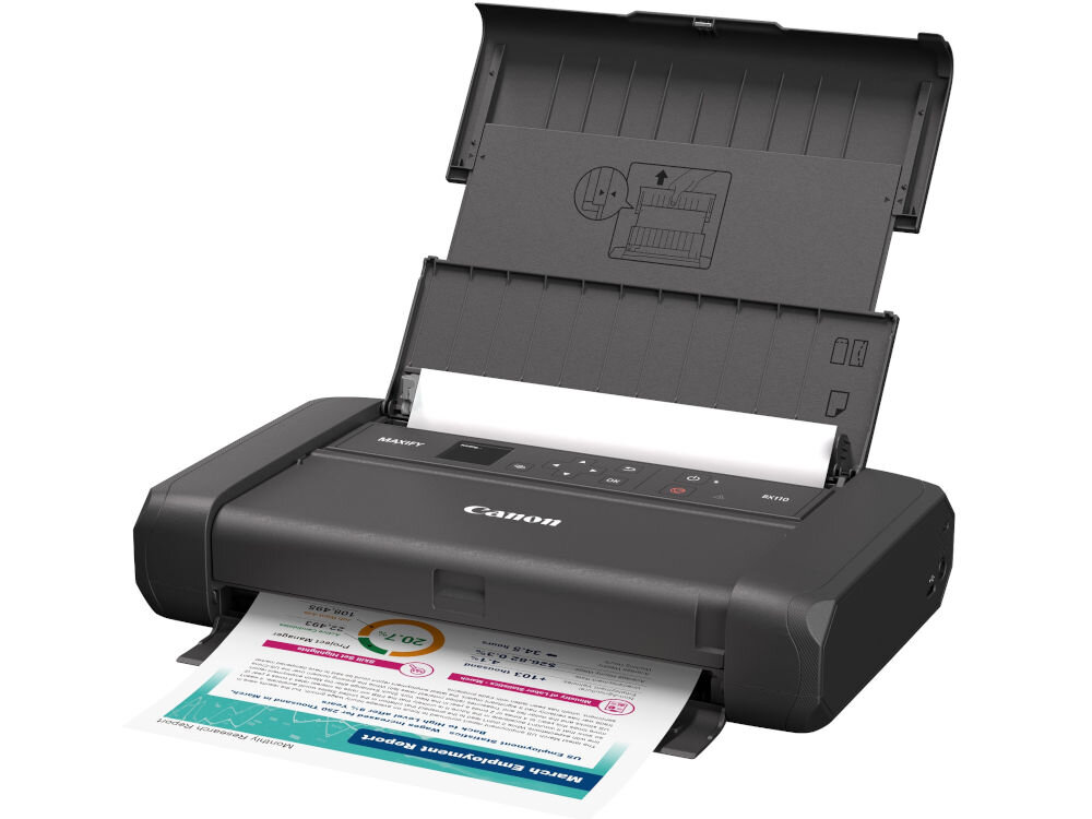 Na obrazie widoczna jest drukarka z otwartą pokrywą, z której wychodzi zadrukowana kartka papieru. Na obudowie znajduje się logo \'Canon\' oraz kilka przycisków i wskaźników.