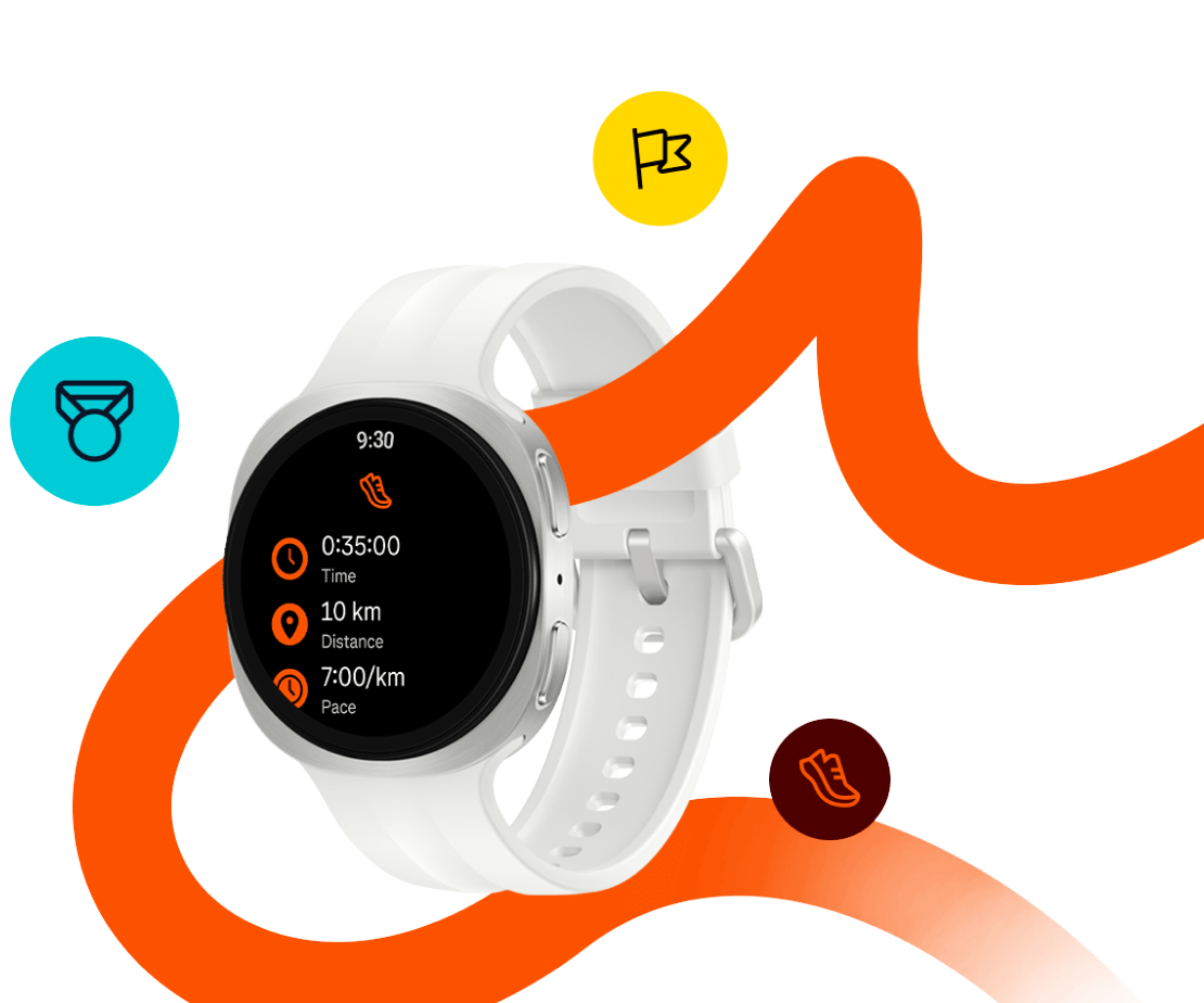 strava9 Smartwatch z białym paskiem i okrągłym wyświetlaczem pokazuje czas 9:30 oraz dane treningowe: 0:35:00 Time, 10 km Distance, 7:00/km Pace. W tle widoczne są kolorowe ikony i pomarańczowa linia falista.