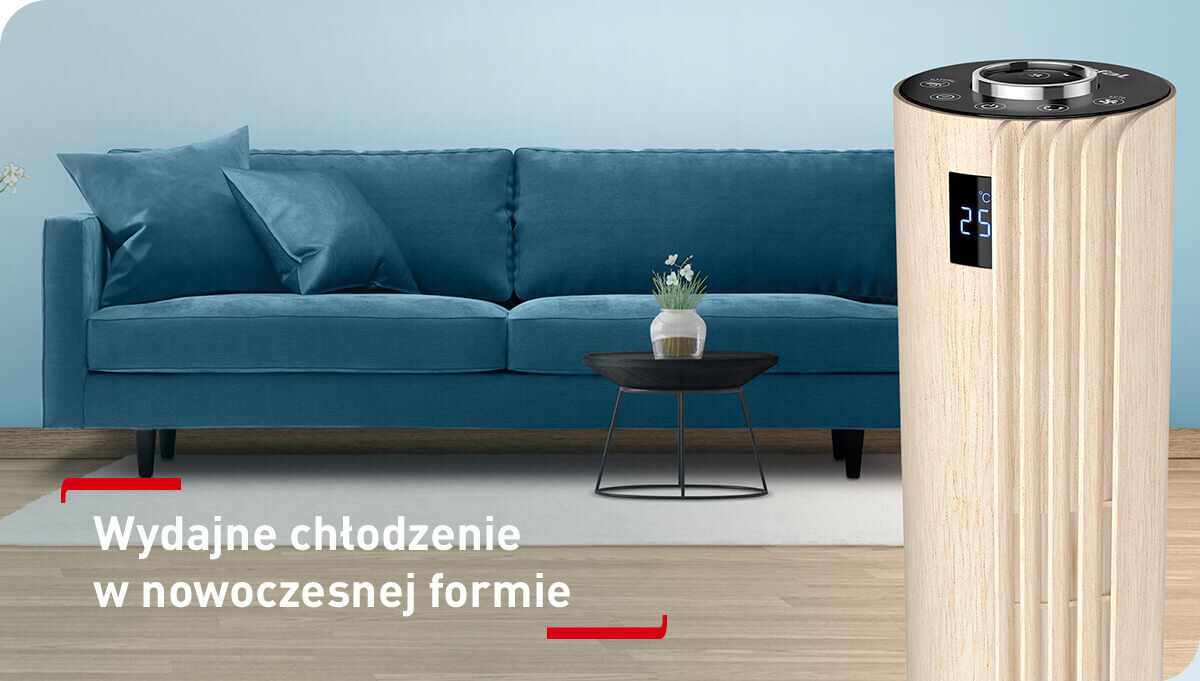 Na obrazie widoczny jest nowoczesny wentylator o drewnianym wykończeniu z wyświetlaczem pokazującym temperaturę 25°C, stojący obok niebieskiej kanapy. Na dole znajduje się tekst: \'Wydajne chłodzenie w nowoczesnej formie\'.