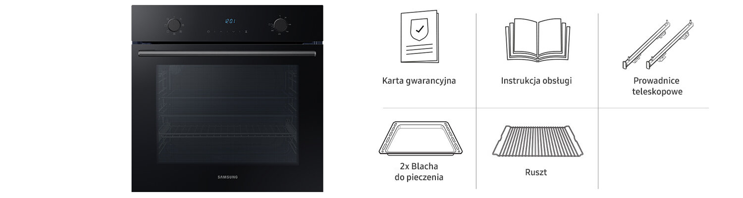 Czarny piekarnik z dwoma pokrętłami i wyświetlaczem, poniżej widoczne logo \'SAMSUNG\'. Obok znajdują się ikony z opisami: \'Karta gwarancyjna\', \'Instrukcja obsługi\', \'Prowadnice teleskopowe\', \'2x Blacha do pieczenia\', \'Ruszt\'.