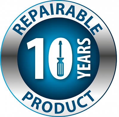Okrągłe logo z napisem \'REPAIRABLE PRODUCT 10 YEARS\' oraz grafiką śrubokręta w centrum.