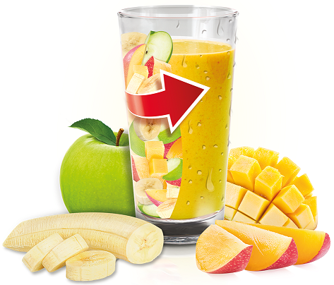 Szklanka z żółtym smoothie, obok której znajdują się kawałki banana, mango i zielone jabłko. Na szklance widoczna jest czerwona strzałka wskazująca na smoothie.