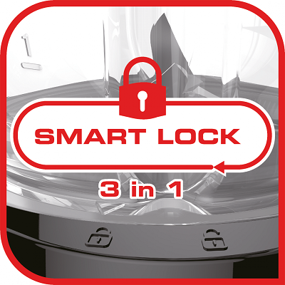 Obrazek przedstawia grafikę z napisem \'SMART LOCK 3 in 1\' na tle części blendera z widocznymi symbolami kłódek.