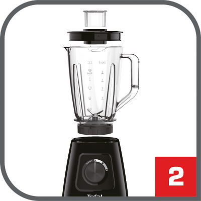 Blender kielichowy w kolorze czarnym z przezroczystym pojemnikiem i pokrętłem na podstawie. Na dole widoczne jest logo Tefal, a w prawym dolnym rogu czerwony kwadrat z białą cyfrą 2.