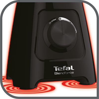 Czarny blender z pokrętłem do regulacji prędkości, oznaczonym jako \'pulse\'. Na obudowie widoczne jest logo \'Tefal Blendforce\'.