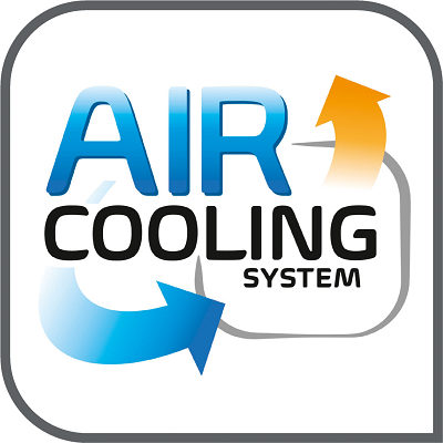 Logo z napisem \'AIR COOLING SYSTEM\' z niebieskimi i pomarańczowymi strzałkami wokół tekstu.