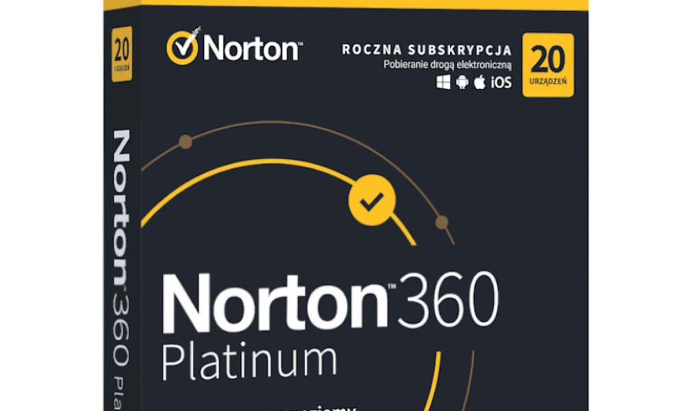 Opakowanie oprogramowania Norton 360 Platinum z widocznym logo Norton i informacją o rocznej subskrypcji na 20 urządzeń. Na opakowaniu znajdują się również ikony systemów operacyjnych oraz napis \'Pobieranie drogą elektroniczną\'.