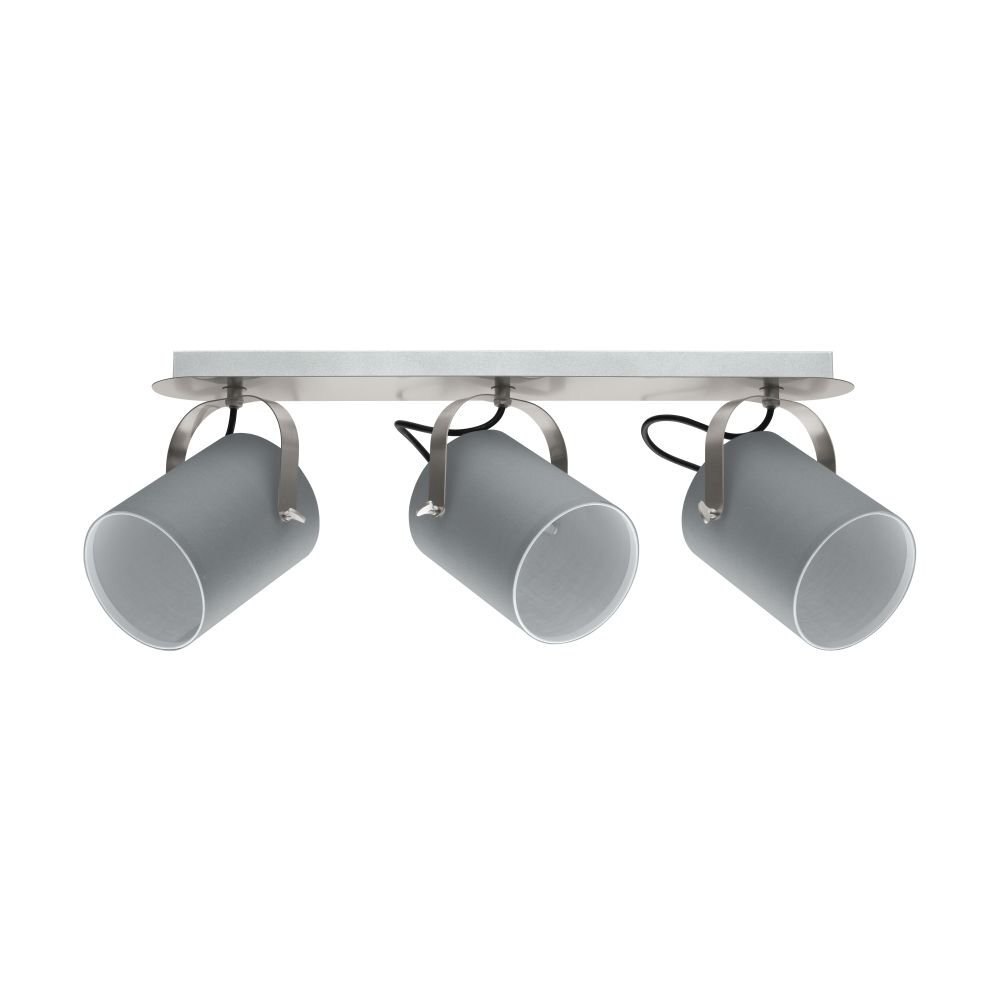 Na obrazie widoczna jest lampa reflektorowa z trzema szarymi kloszami zamontowanymi na metalowej listwie. Klosze są cylindryczne i skierowane w dół.