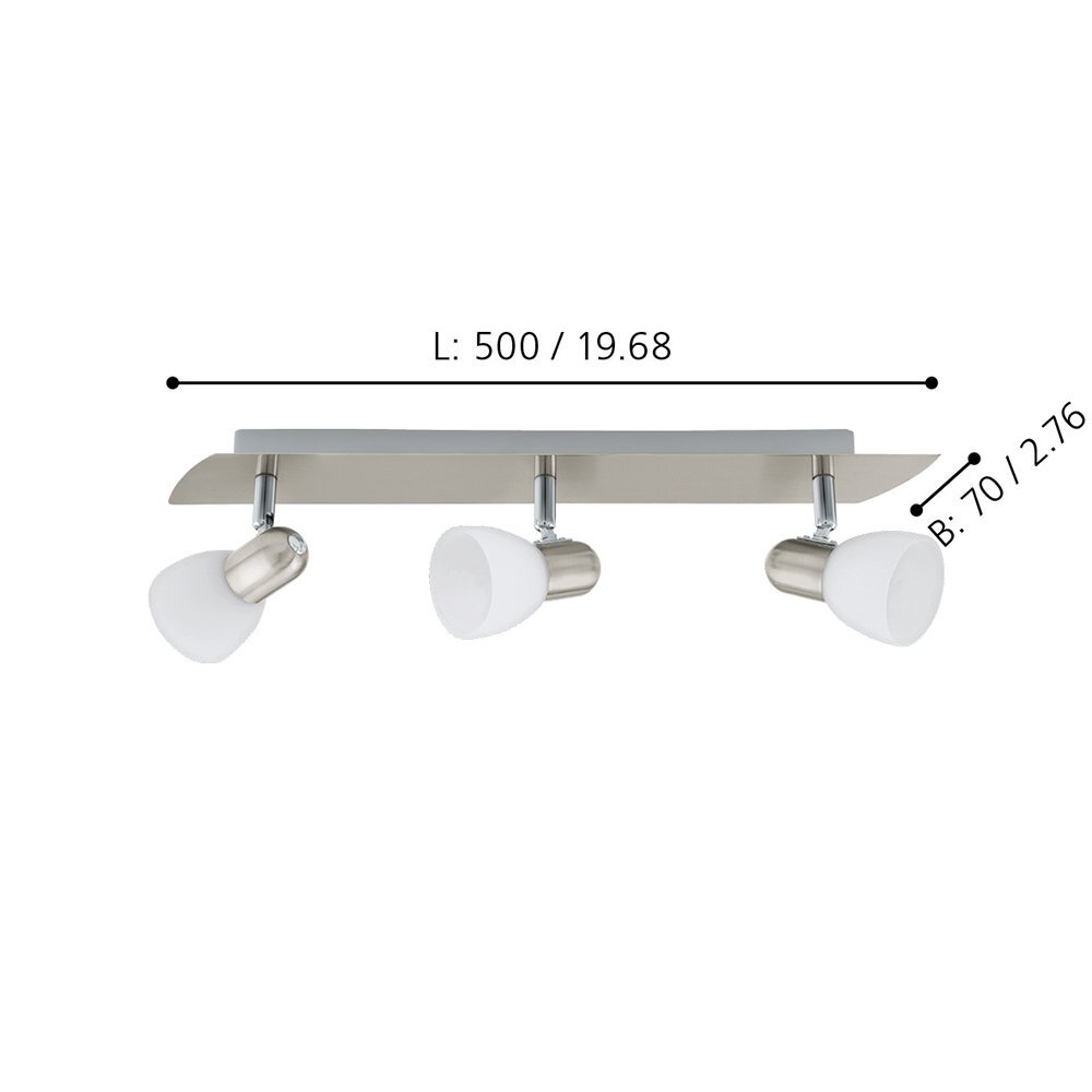 Na obrazie widoczna jest lampa sufitowa z trzema regulowanymi reflektorami w kolorze srebrnym i białym. Obok lampy znajdują się wymiary: L: 500 / 19.68 i B: 70 / 2.76.