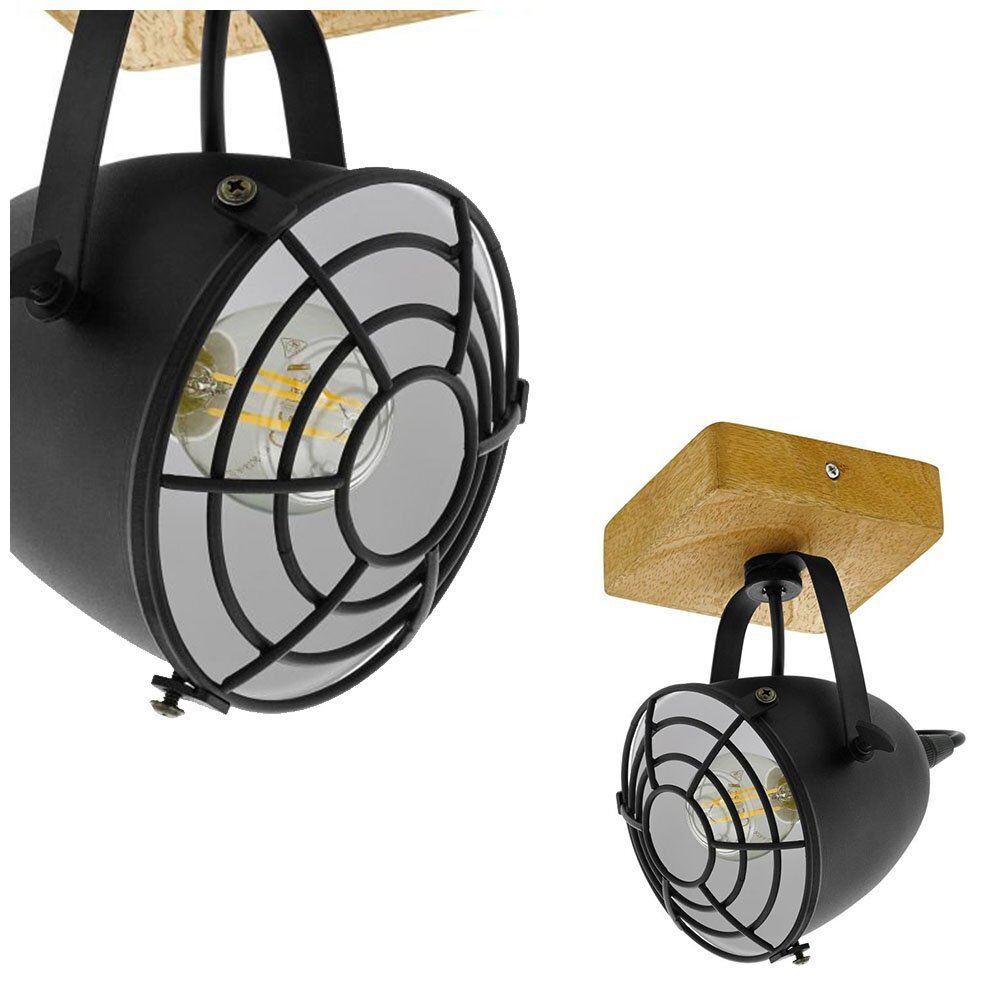 Lampa sufitowa z czarnym, metalowym kloszem w kształcie reflektora, zamocowana na drewnianej podstawie. Klosz posiada metalową kratkę ochronną i widoczną żarówkę wewnątrz.