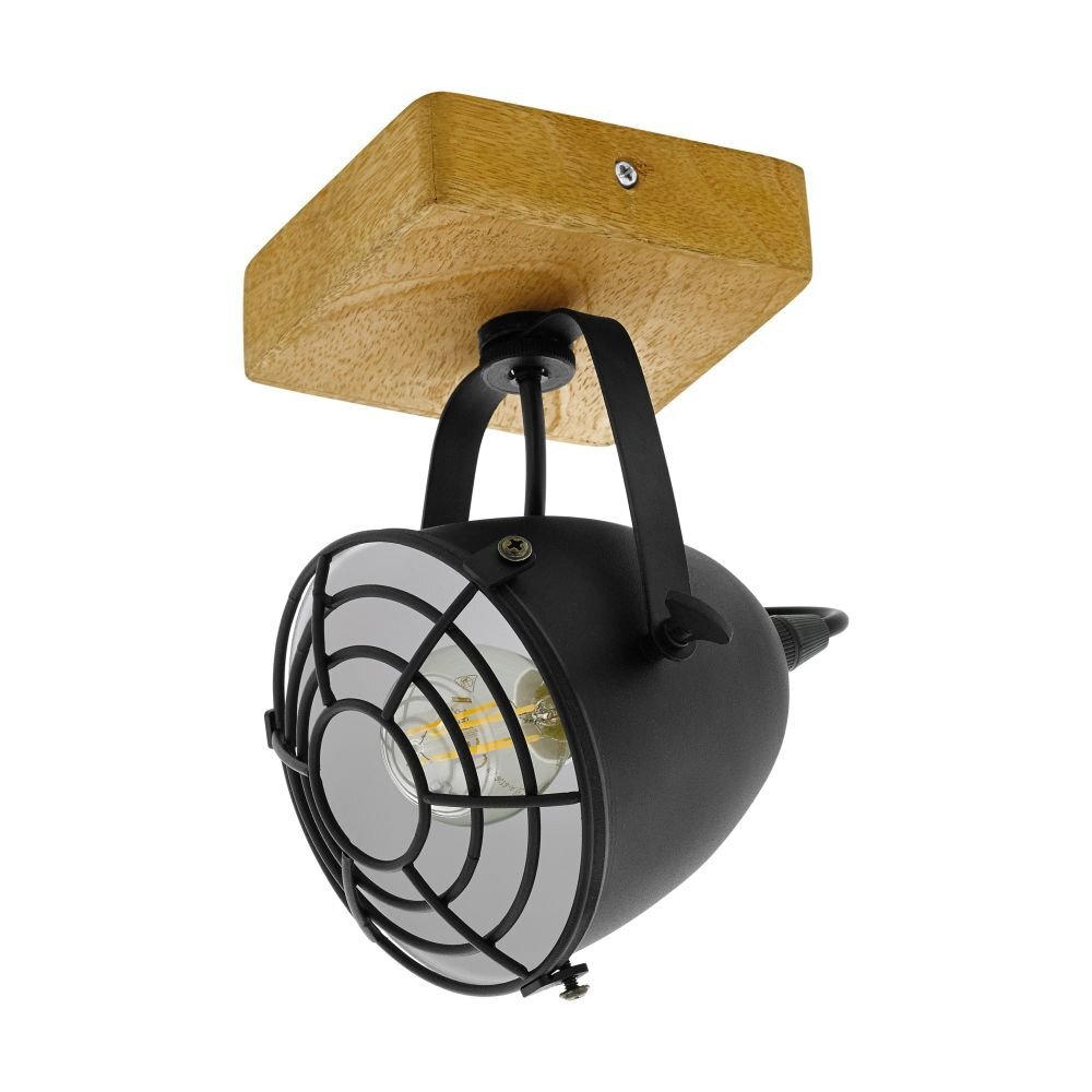 Lampa sufitowa z drewnianą podstawą i czarnym, metalowym kloszem z kratką ochronną.