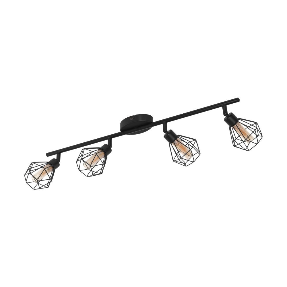 Czarna lampa sufitowa z czterema żarówkami w metalowych kloszach o geometrycznym kształcie. Klosze są przymocowane do prostego, poziomego ramienia.