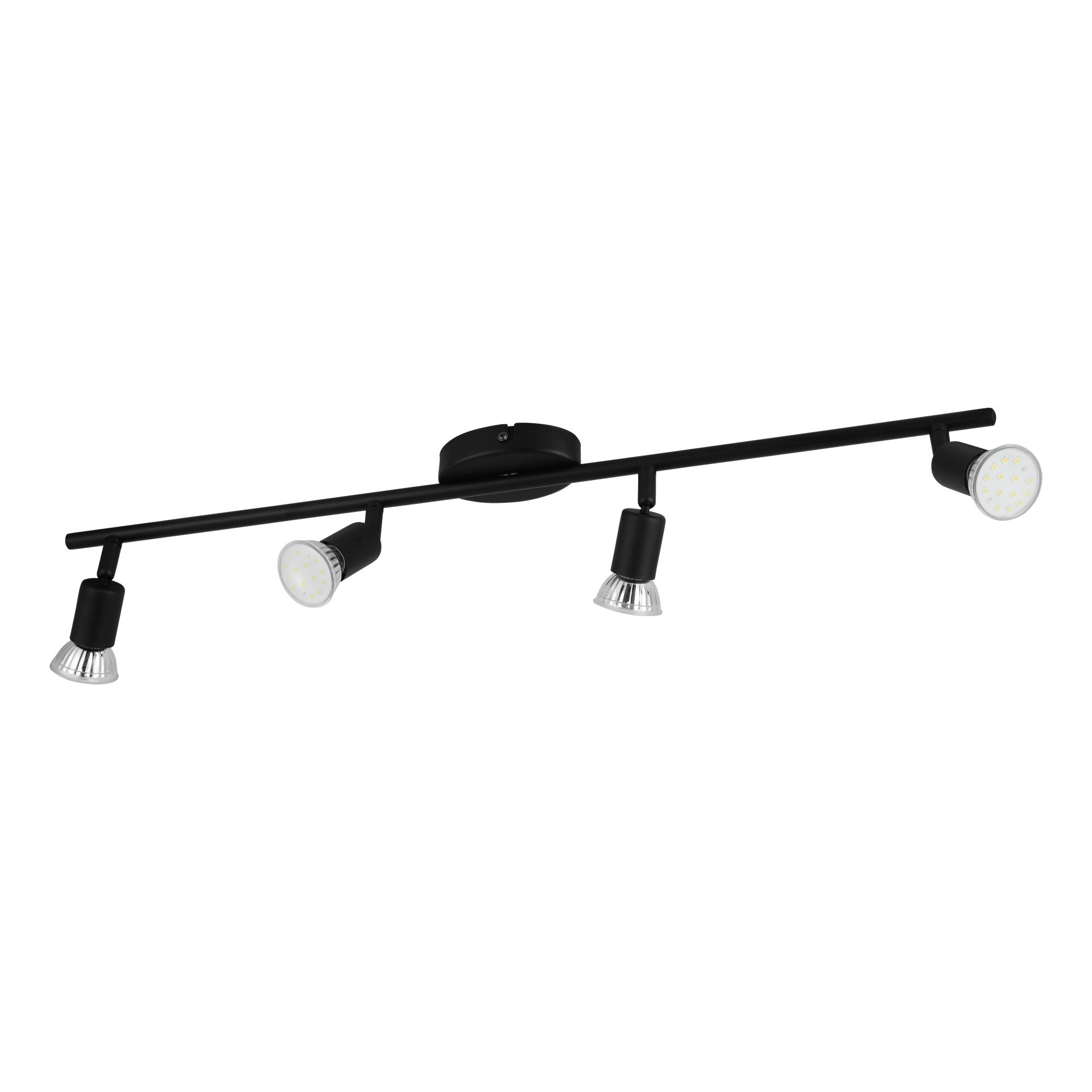 Czarna lampa sufitowa z czterema reflektorami LED zamontowanymi na prostym, poziomym ramieniu. Każdy reflektor ma możliwość regulacji kierunku światła.