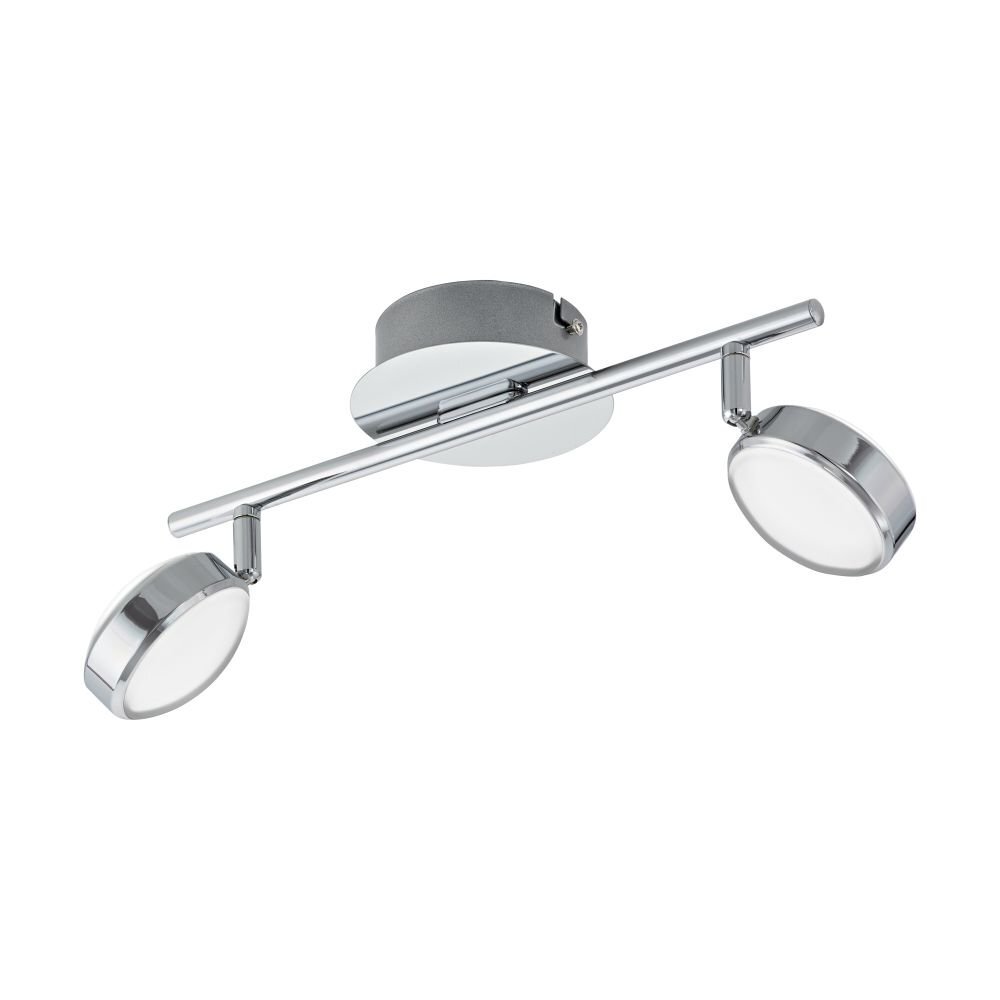 Lampa reflektorowa z dwoma okrągłymi źródłami światła zamontowanymi na metalowym pręcie, z chromowanym wykończeniem. Podstawa lampy jest okrągła i również chromowana.