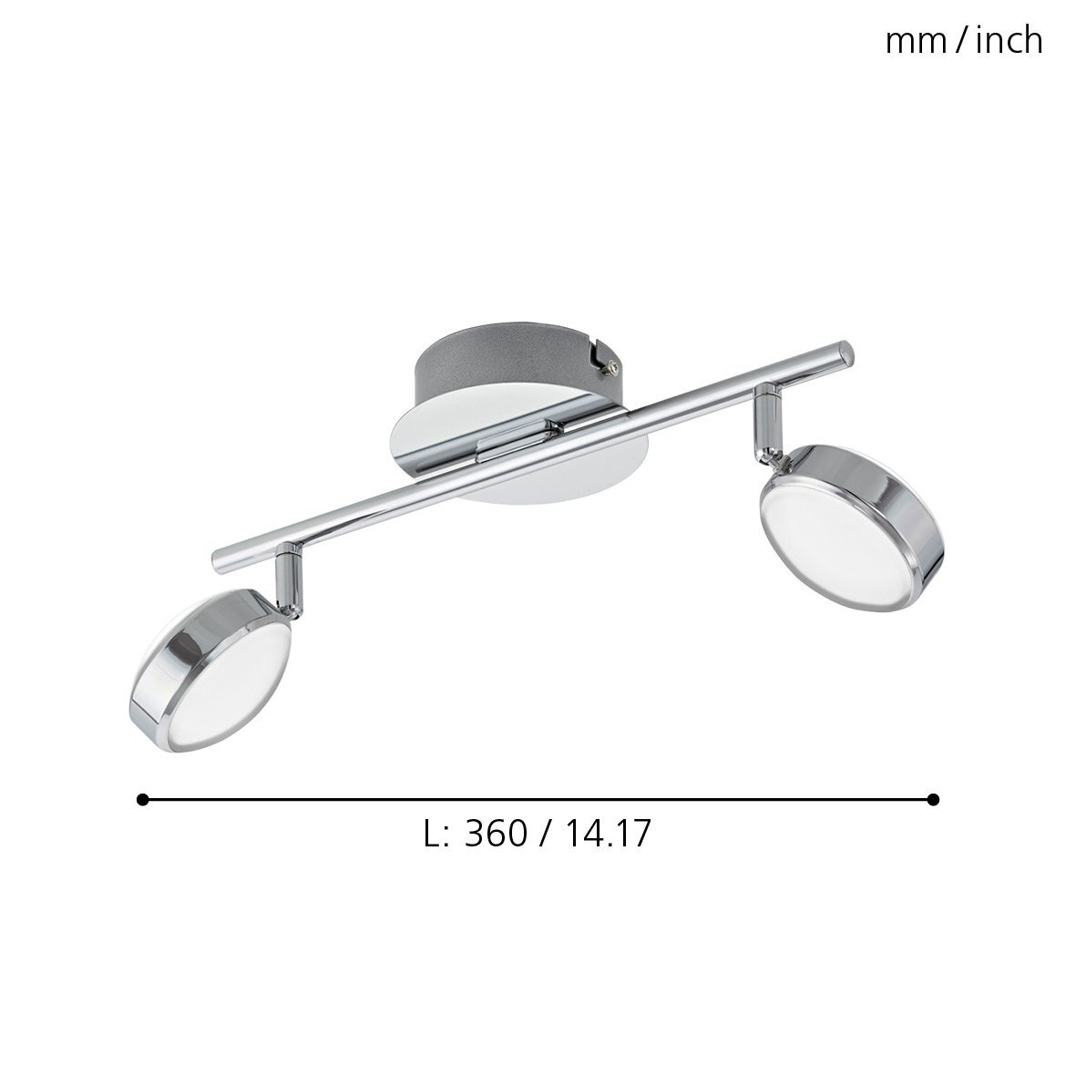 Na obrazie widoczna jest lampa reflektorowa z dwoma okrągłymi źródłami światła zamontowanymi na metalowym pręcie. Pod lampą znajduje się oznaczenie długości: \'L: 360 / 14.17\'.