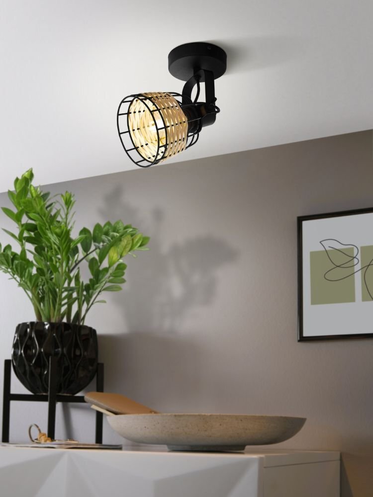 Na suficie zamontowana jest lampa z czarnym, metalowym kloszem w kształcie kratki, przez który prześwituje światło. W tle widać roślinę w doniczce oraz obraz na ścianie.