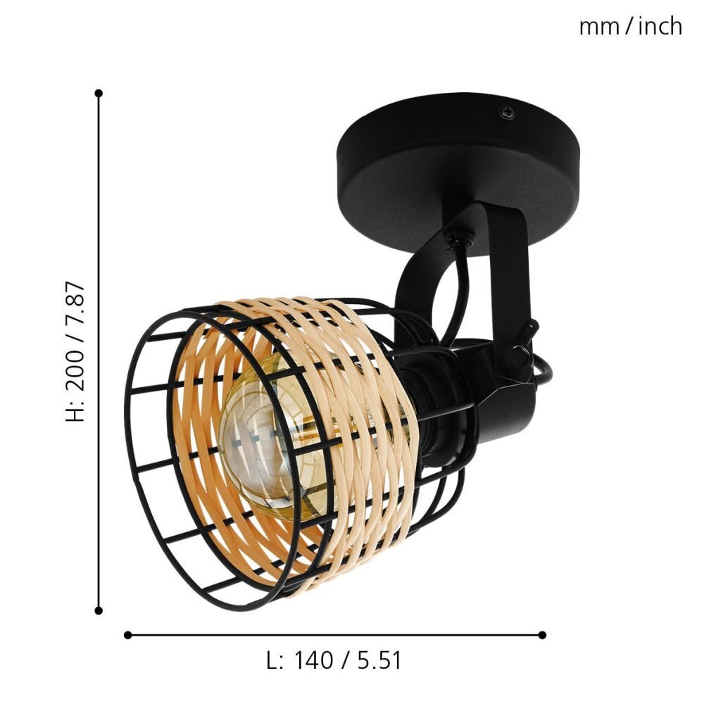 Lampa sufitowa z czarną podstawą i kloszem z jasnego plecionego materiału, z widoczną żarówką wewnątrz. Wymiary: wysokość 200 mm / 7.87 cala, długość 140 mm / 5.51 cala.