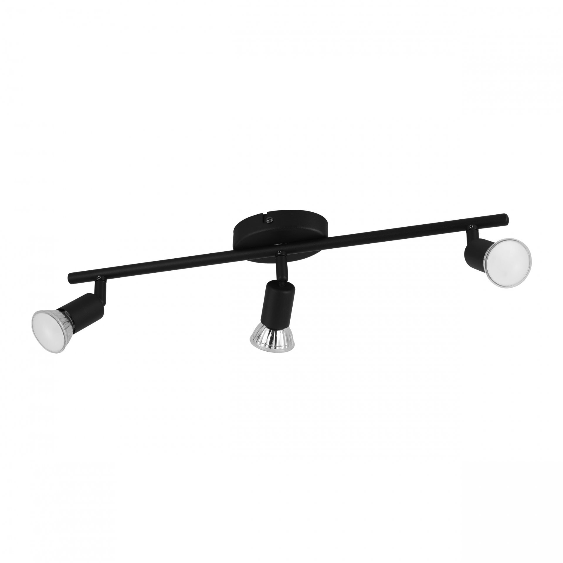Czarna lampa sufitowa z trzema reflektorami LED zamontowanymi na prostym ramieniu. Każdy reflektor ma cylindryczny kształt z metalicznymi akcentami.