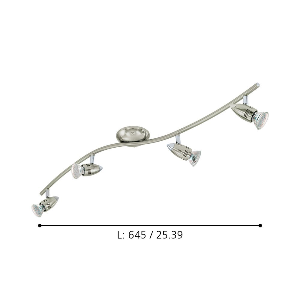 Lampa sufitowa z czterema regulowanymi reflektorami na zakrzywionej listwie. Pod lampą widoczny jest napis: \'L: 645 / 25.39\'.