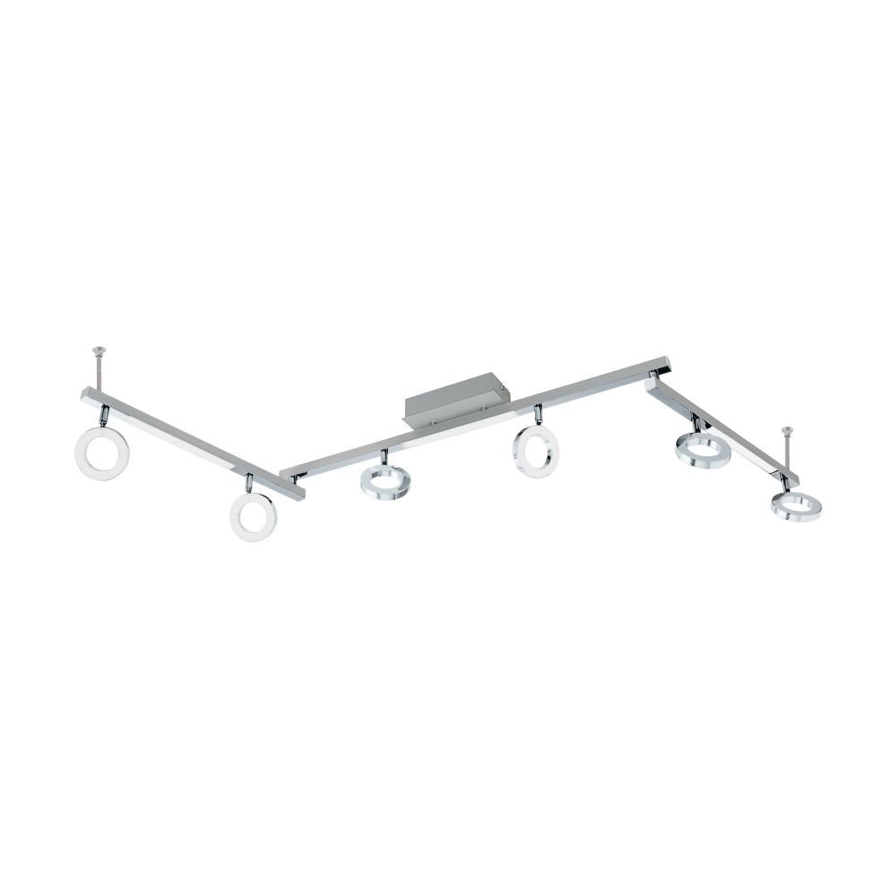 Na obrazie widoczna jest nowoczesna lampa reflektorowa LED z sześcioma okrągłymi źródłami światła zamontowanymi na metalowej konstrukcji w kształcie litery \'V\'.
