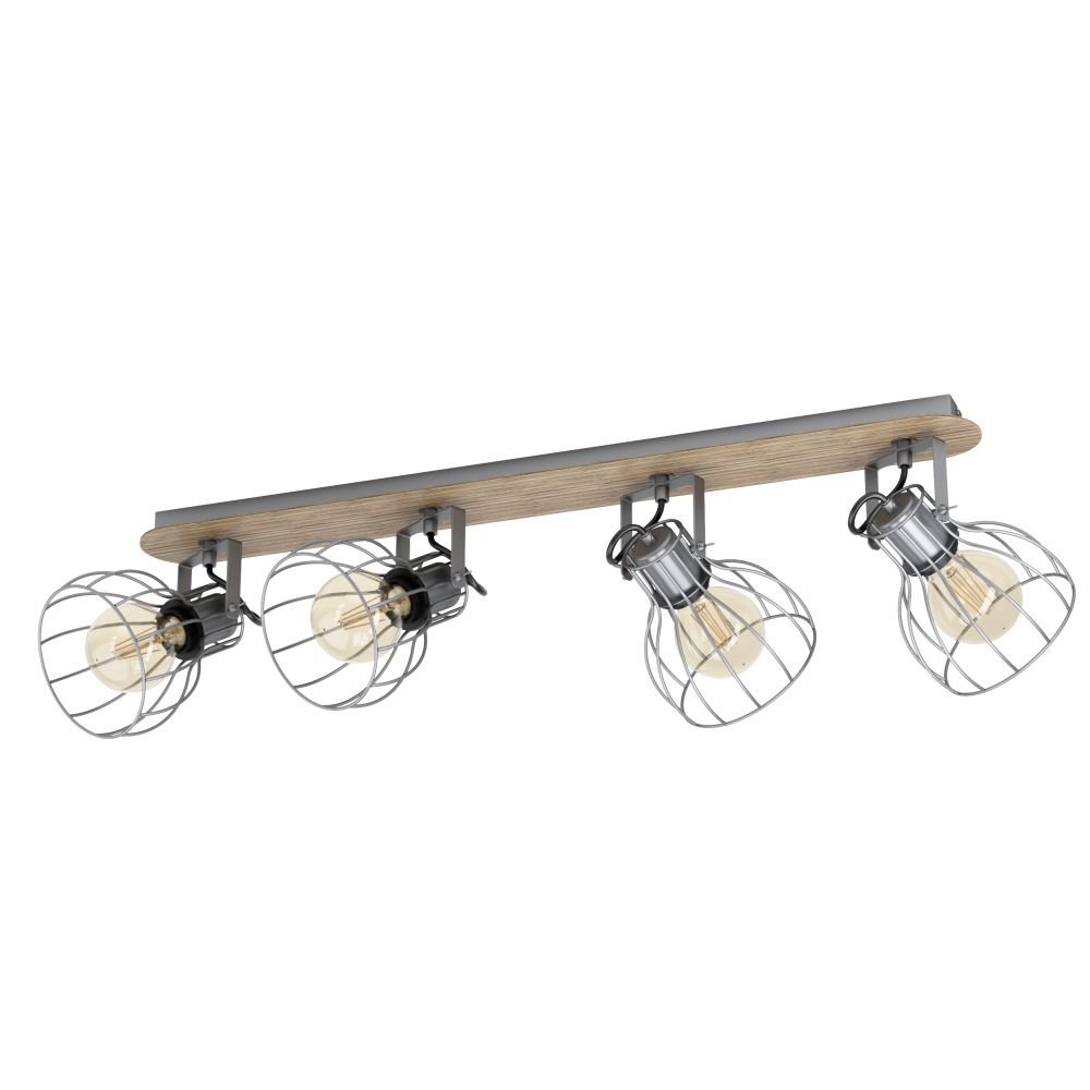 Lampa sufitowa z czterema reflektorami w metalowych kloszach na drewnianej listwie. Każdy reflektor ma widoczną żarówkę w środku klosza.