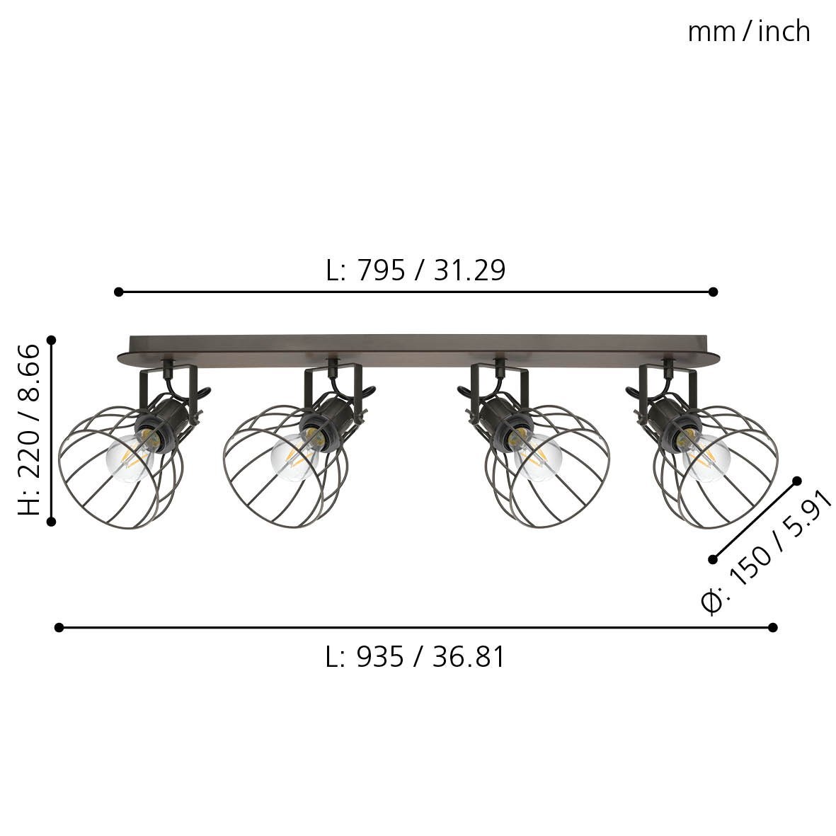 Obraz przedstawia lampę reflektorową z czterema kloszami w metalowych osłonach. Wymiary to: wysokość 220 mm (8.66 cala), długość 935 mm (36.81 cala), średnica klosza 150 mm (5.91 cala).