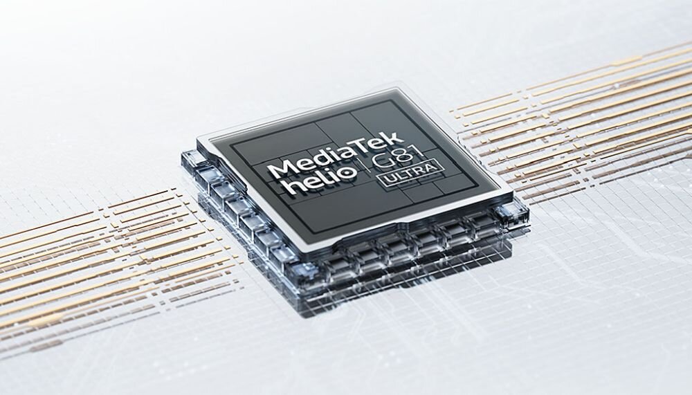 Obraz przedstawia procesor z napisem \'MediaTek helio G81 ULTRA\' na powierzchni, umieszczony na tle z liniami przypominającymi ścieżki obwodu drukowanego.