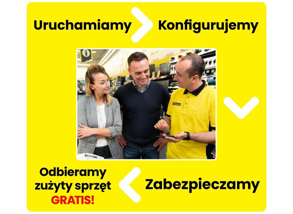 Na żółtym tle znajduje się zdjęcie trzech osób w sklepie media expert, z których jedna w żółtej koszulce trzyma tablet. Wokół zdjęcia widnieją napisy: \'Uruchamiamy\', \'Konfigurujemy\', \'Odbieramy zużyty sprzęt GRATIS!\', \'Zabezpieczamy\'.