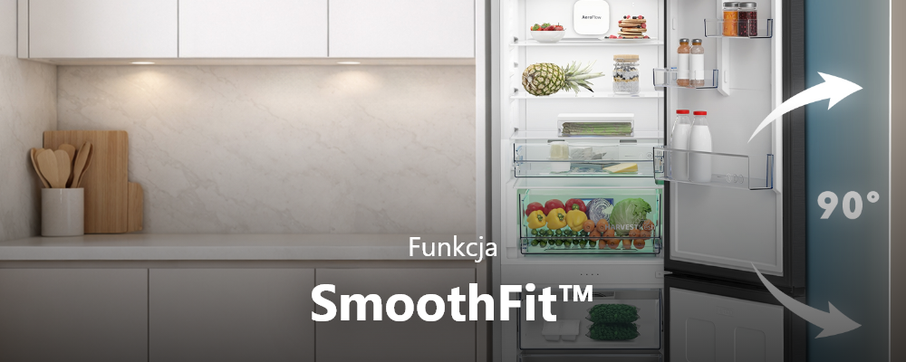 LODÓWKA BEKO B5RCNA375HXB2 Otwarta lodówka z napisem „Funkcja SmoothFit™” oraz grafiką kąta 90°, pokazująca możliwość pełnego otwarcia drzwi w zabudowie SmoothFit łatwe ustawienie drzwi 90 stopni kuchnia