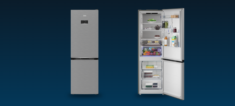 LODÓWKA BEKO B5RCNA375HXB2 Dwa ujęcia lodówki Beko – zamkniętej i otwartej – prezentujące wygląd zewnętrzny oraz przestronne wnętrze z półkami i produktami wyświetlacz LED kontrola temperatury szuflady alarm drzwi