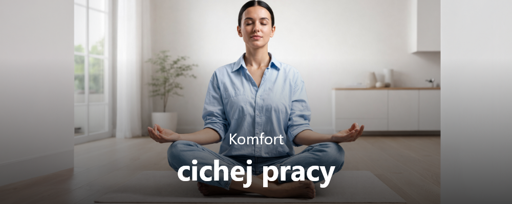 LODÓWKA BEKO B5RCNA375HXB2 Osoba siedząca w pozycji medytacyjnej w jasnym wnętrzu z napisem „Komfort cichej pracy”, symbolizującym niski poziom hałasu urządzenia cicha praca 37 dB komfort użytkowania
