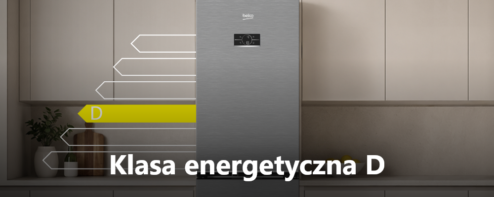 LODÓWKA BEKO B5RCNA375HXB2 Lodówka Beko w kuchni z grafiką klasy energetycznej oraz wyróżnioną literą „D” i napisem „Klasa energetyczna D” klasa energetyczna D oszczędność energii ekologiczne użytkowanie