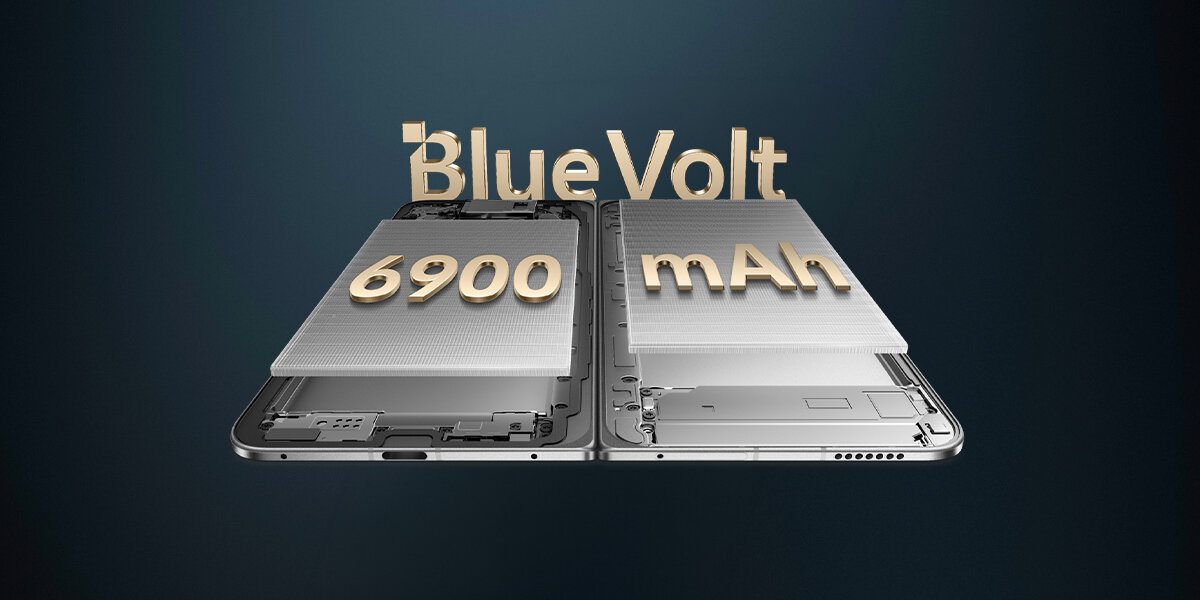 Grafika przedstawiająca wnętrze rozłożonego smartfona vivo X Fold6 z dwiema bateriami BlueVolt. Nad urządzeniem widoczny jest napis „BlueVolt 6900 mAh”, podkreślający pojemność zastosowanej baterii.