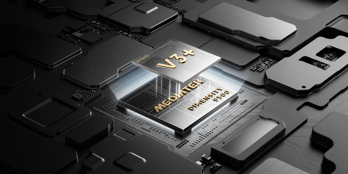 Grafika przedstawiająca układ scalony vivo V3+ umieszczony nad procesorem MediaTek Dimensity 9500 na płycie głównej smartfona. Oba chipy są pokazane w powiększeniu na tle elementów elektronicznych urządzenia.